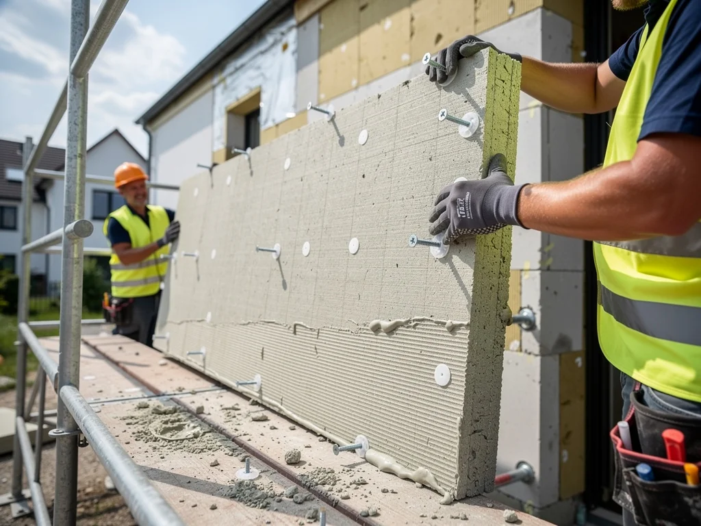 Panneaux isolants collés et chevillés sur le mur depuis l'échafaudage