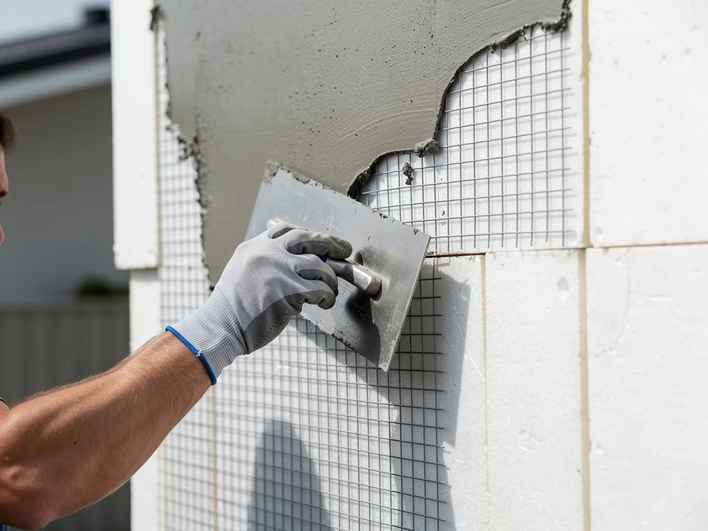 Application de la sous-couche d'accroche sur l'isolant avant l'enduit de façade
